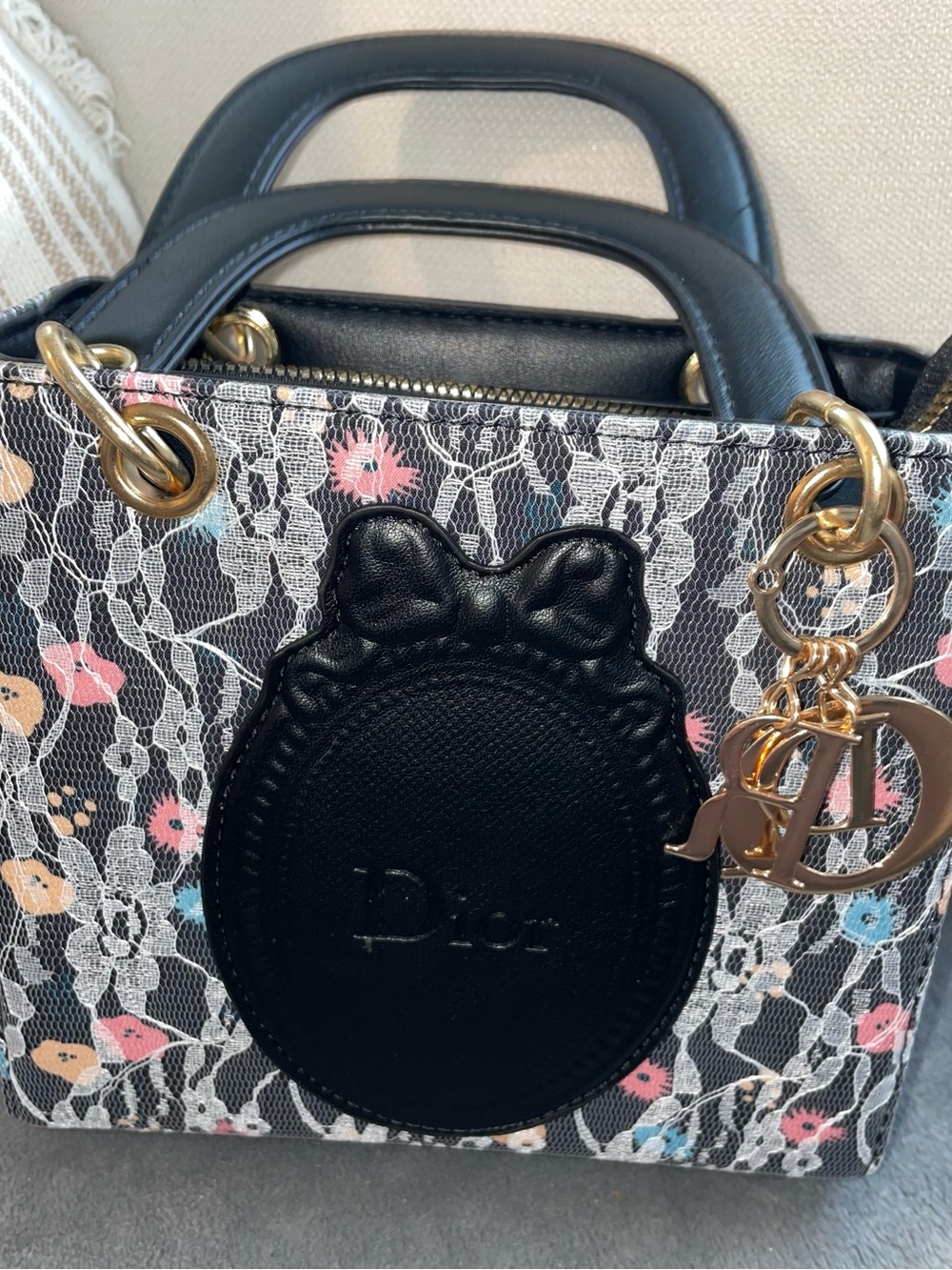 Women's Black Lace Floral  Tote